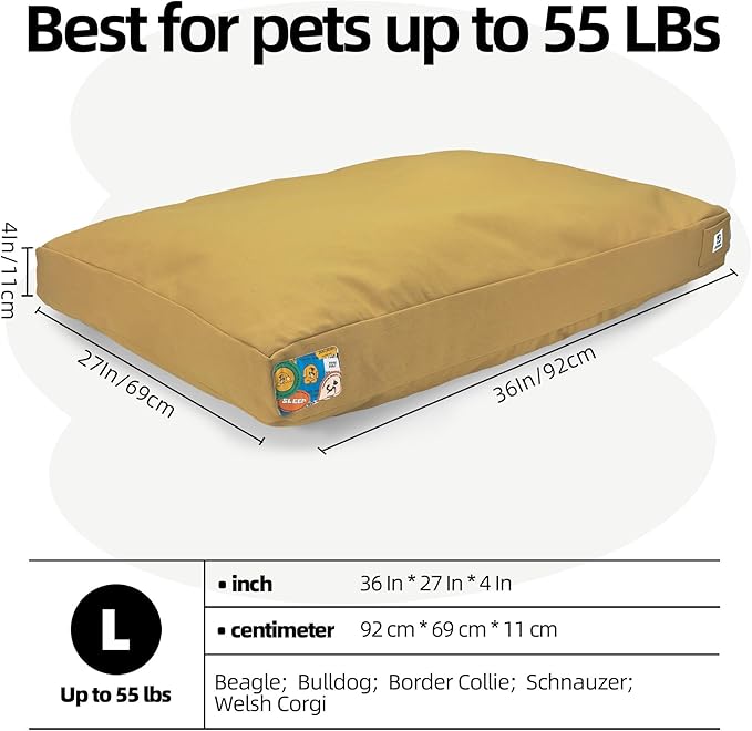 Sytopia 36 Inch Canvas Outdoor Dog Bed for Large Dogs, Durable Dog Bed with Waterproof Machine Washable Removable Cover, Indoor Patio Pet Pad for Crate, Green, Yellow