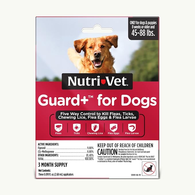 Nutri-Vet Guard+ for Dogs, Flea and Tick Prevention Spot On Drops, Topical Treatment for Dogs 45-88 lbs, Puppy Essentials, Waterproof Formula, 3 Monthly Doses, 90 Days of Protection