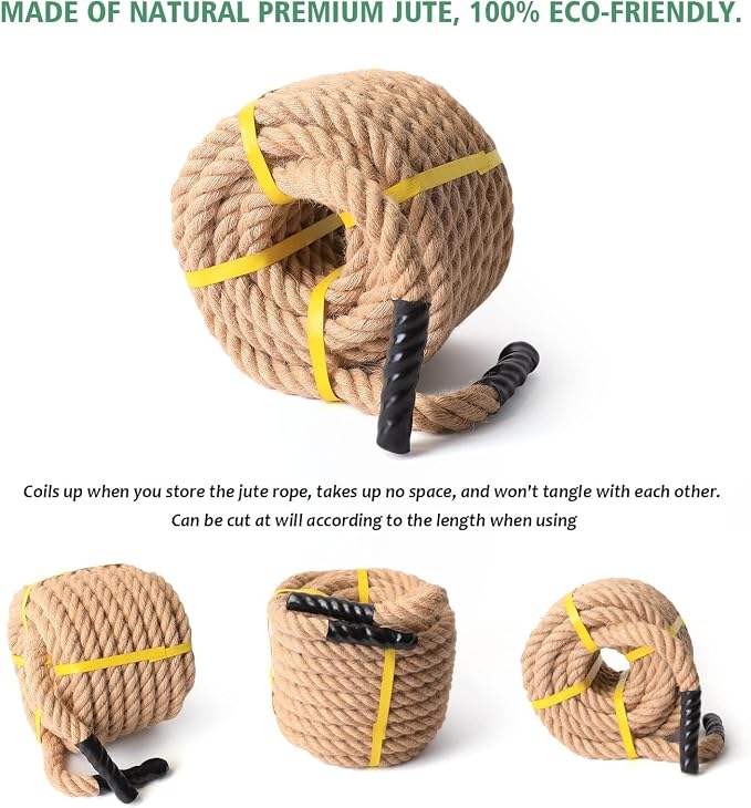 Jute Rope 3/4 in × 100 ft Natural Material Heavy Duty Twisted for Indoor Outdoor Crafts, Nautical, Tug of War Rope, Railing, Hammock, Swing,Gardening, Climbing