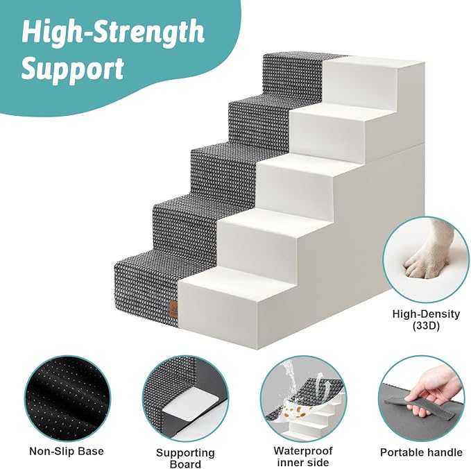 COZY KISS Dog Stairs for Small Dogs, 5 Tier Removable Wider Pet Stairs for Couch and Bed, 23.6" H Non-Slip Dog Steps for Puppies and Old Cats with Support Board, 19.7x29.5x23.6 inch, Dark Grey