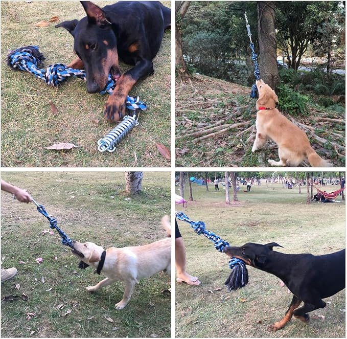 SIXRUN Spring Pole Dog Rope Toy, Rust Proof Steel, Muscle Building, Outdoor Tug of War Exercise, 38.97 Inch, for Large Dogs
