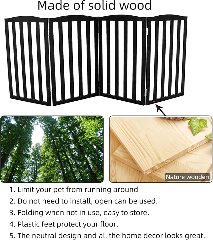 Freestanding Dog Gate Indoor,Doggie Gate Foldable Pet Gates for Doorways,Stairs or Hallways, Wooden Black Pet Gate for the House, Pet Fence,32 "Height-4 Panels