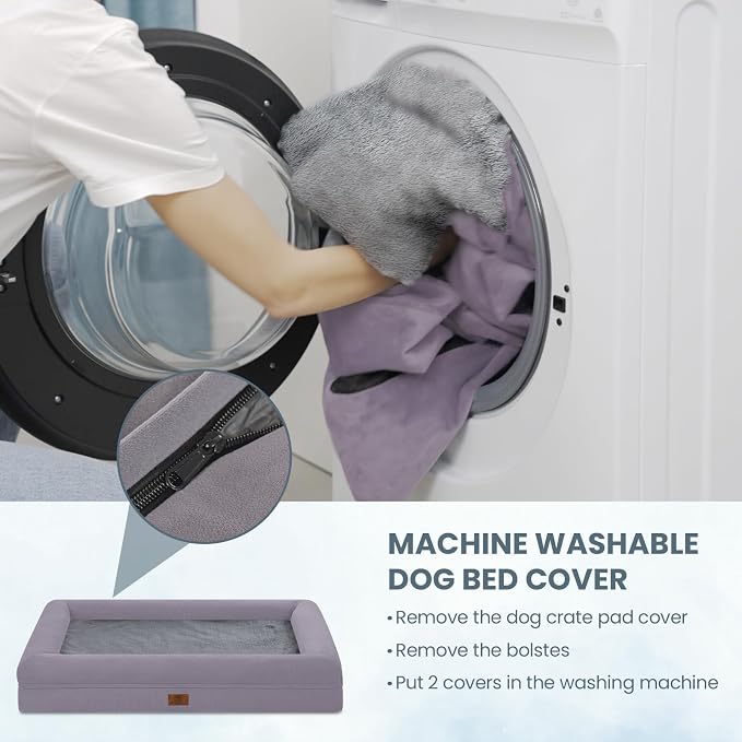 Yiruk Jumbo Dog Bed for Extra Large Dogs, XXL Waterproof Dog Bed with Removable Washable Cover, 4-Sides Bolster Support Pet Couch Sofa with Non-Slip Bottom, Light Purple