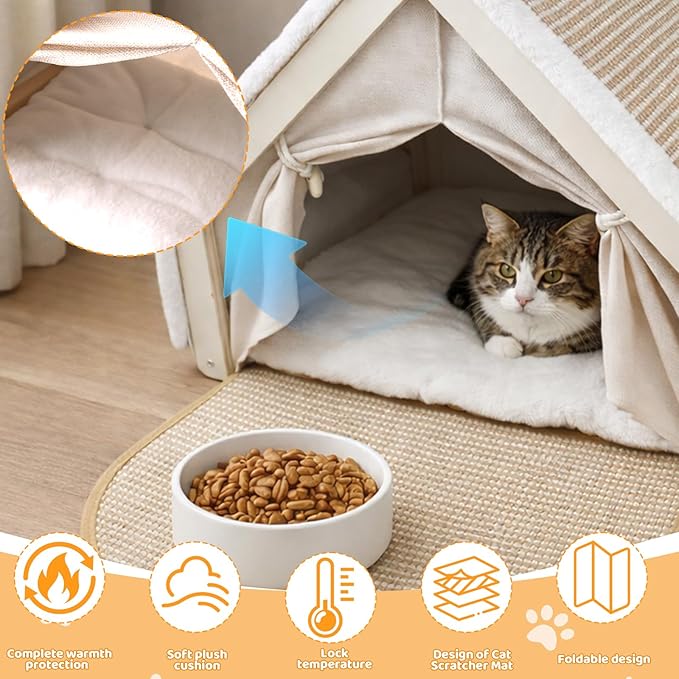 Cat Houses for Indoor Cats, 4-Season Universal Cat Bed with Natural Hemp Scratching Pad, Solid Wood Frame, Easy to Assemble, Floor-Scratching Carpet, Medium