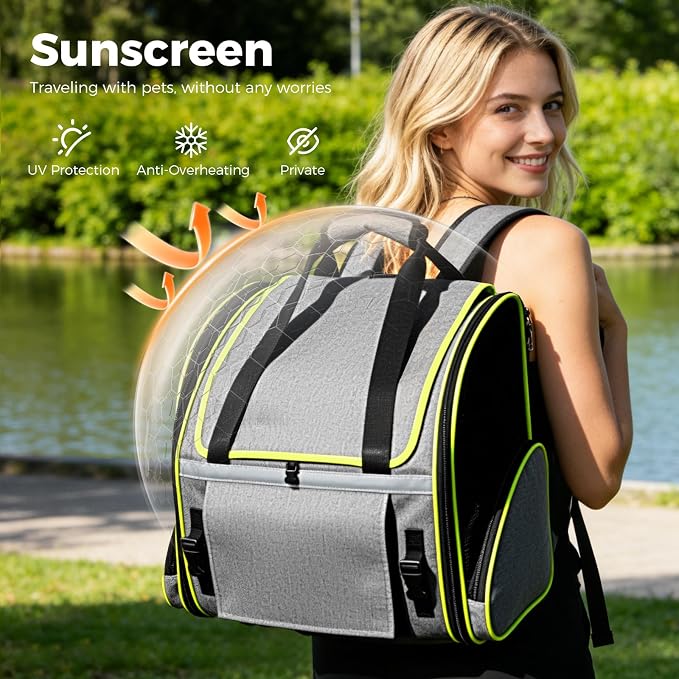 Lekereise Widened Pet Backpack Travel, Wide Pet Carrier Backpack for Cats and Small Dogs up to 18 lbs, Breathable Mesh Backpack Carrier with Sun Shade, Leash, Hand Carry for Travel Vet Car, Gray