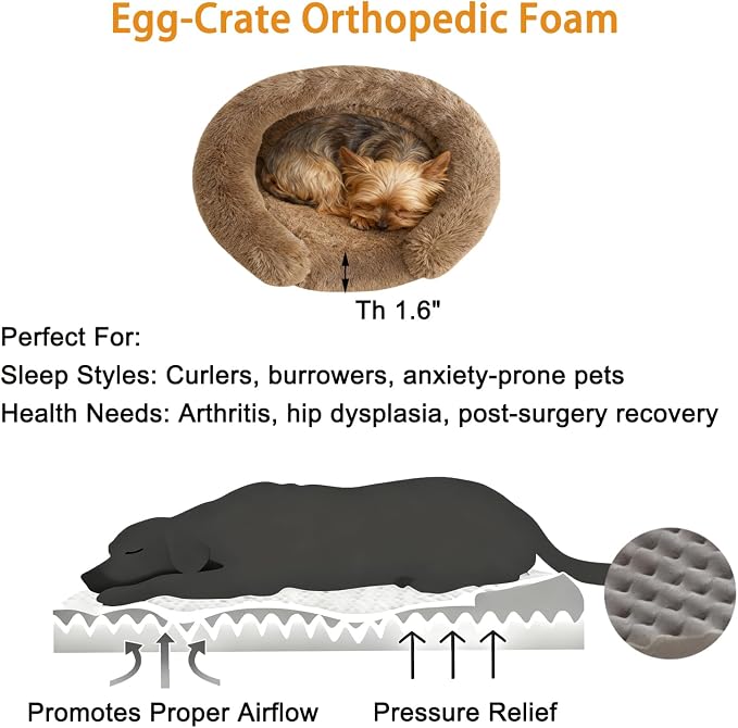 Calming Dog & Cat Beds with Orthopedic Egg-Crate Foam Raised Rim, Soft Fluffy Faux Fur Pet Bed for Small Medium Dogs, Anxiety Relief Spine Support, Machine Washable Cover (Round, Coffee 20")