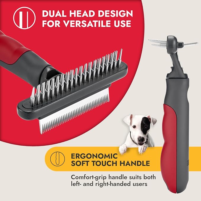 KONG Double-Sided Rake & Deshedding Tool – Detangling & Shedding Control, Rounded Metal Tips, Non-Slip Grip, for Medium to Large Dogs with Medium to Long Coats, Red/Gray
