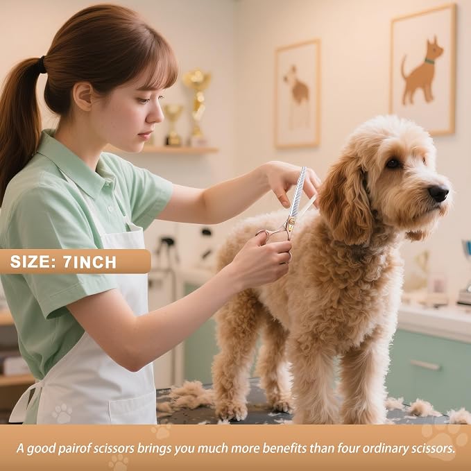 Professional Dog Grooming Scissors Rose Gold 440C Stainless Steel Straight Thinning Curved Chunker Shears for Pet Grooming Services Dogs and Cats (Thinning, 7‘’)