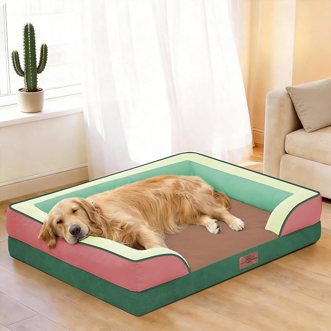 Comfort Expression Orthopedic Dog Bed for Extra Large Dogs 42x30 Inch, Waterproof Egg Crate Foam XL Pet Bed with Bolsters, Dog Couch with Washable Cover & Non-Slip Bottom, Watermelon Mist