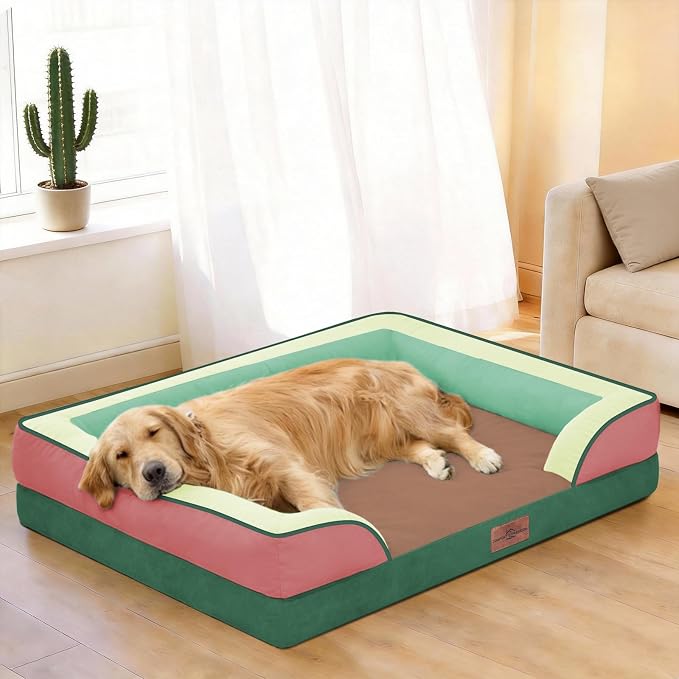 Comfort Expression Orthopedic Dog Bed for Large Dogs 36x27 Inch, Waterproof Egg Crate Foam Large Pet Bed with Bolsters, Dog Couch with Washable Cover & Non-Slip Bottom, Watermelon Mist