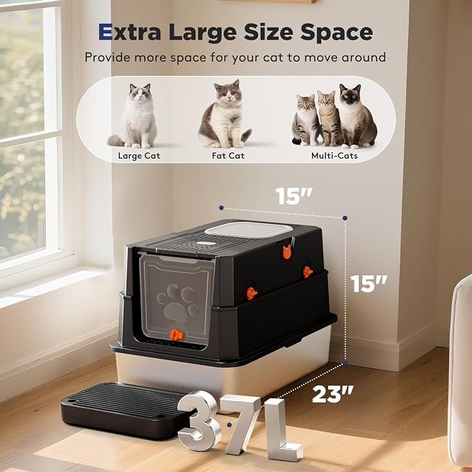 FURTIME Stainless Steel Litter Box with Lid, XL Extra Large Enclosed Cat Litter Box for Big Cats, Metal Cat Box with High Sided Enclosure & Scoop, Front & Top Entry, Odor Free, Anti-Leakage, Black