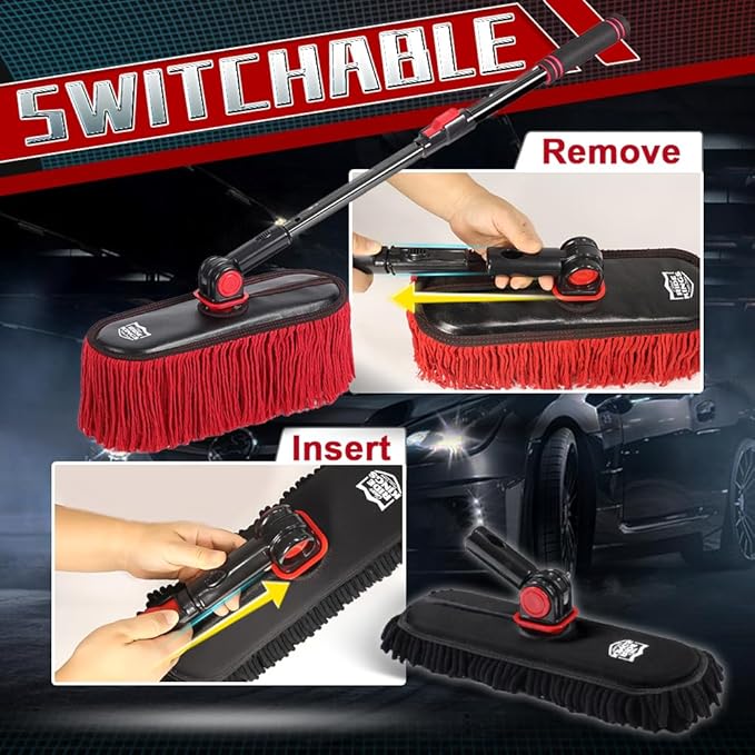 Car Cleaning Supplies Duster, 2In1 Brush for Car Exterior, Chenille Car Wash Brush Mop & Wax Cotton Car Duster Mop, Remove Dust, Retractable Steel Pole for Boat Truck RV, Gifts for Men Women