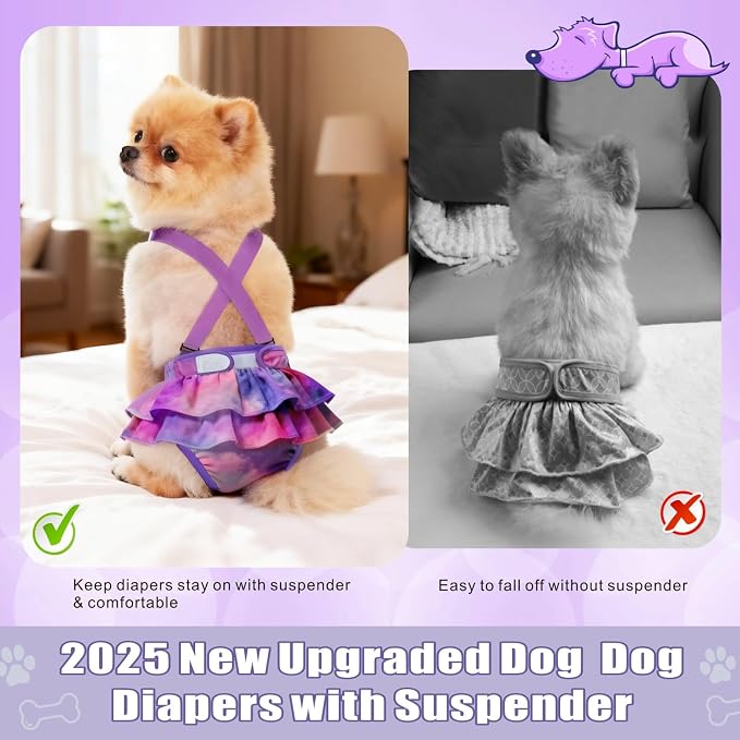 Idepet Female Dog Diapers with Suspender Detachable, 3 Pack Tie Dye Washable Reusable Girl Doggie Diapers for Small Medium Female Dog in Heat Period Cycle Urinary Incontinence Training M