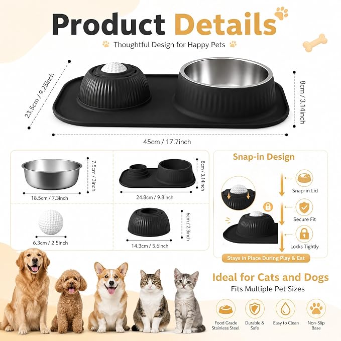 2-in-1 Dog Licking Bowl with Rolling Ball, Stainless Steel Dog Bowls & No-Spill Silicone Lick Mat for Dogs, Wet Dry Separation Dog Slow Feeder Puzzle Licking Toy for Dogs and Cats