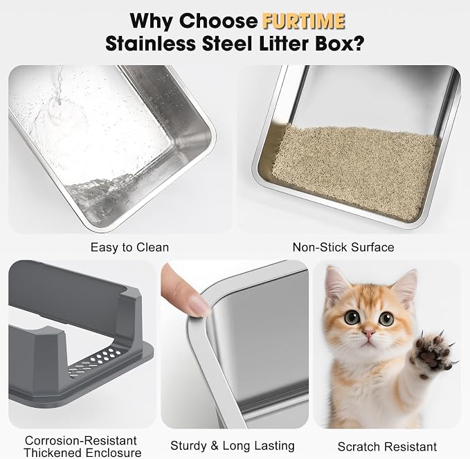 FURTIME Stainless Steel Cat Litter Box, Easy-Clean High-Sided Metal Litter Box, Open-Top Litter Pan for Large Cats, Includes Scoop & Mat, Non-Stick, Anti-Leakage, 23"×15"×10.5"
