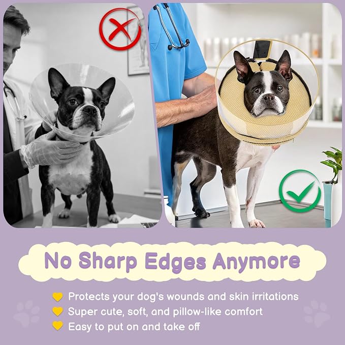 Soft Inflatable Dog Cone for Surgery Recovery, Protective Dog Donut Collar with Shield to Stop Licking Wounds, 2-in-1 Patented Comfort Blow-Up Collar for Small and Medium Pets (Khaki, M+)