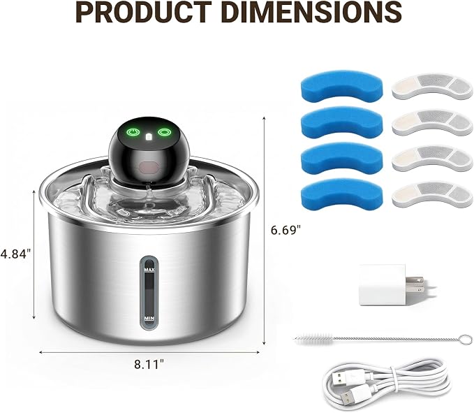 Cordless Cat Water Fountain 3L / 101oz, Stainless Steel Battery Operated Pet Fountain with 5000mAh Battery, Ultra Quiet, 3 Modes, 4 Filters, Helps Reduce Refills & Encourage Drinking