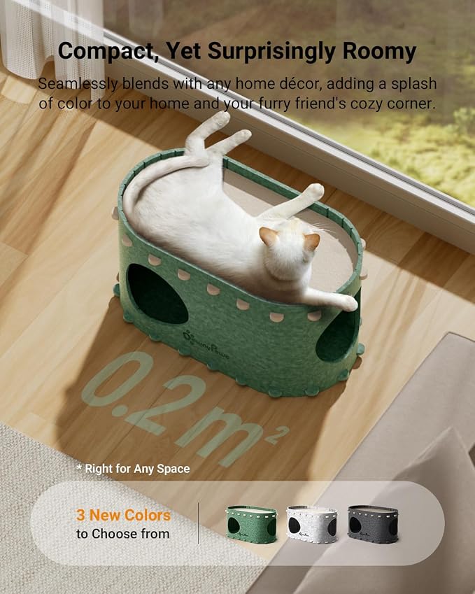 DownyPaws Cat House for Indoor Cats, Cat Bed Cave for Multiple & Large Cats Up to 22 Lbs, Scratch Resistant Peekaboo Cat Caves, Foldable Cat Tunnel Enclosed Bed, PeekaPurr, Cream and Forest