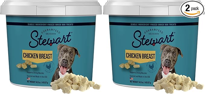 Stewart 100% Chicken Breast Dog Treats, 14.8 oz Tub, ~280 Pieces, Freeze Dried Raw, Ingredient, 74% Protein Training Treats or Meal Topper, Grain Free, Gluten Free, (Pack of 2)