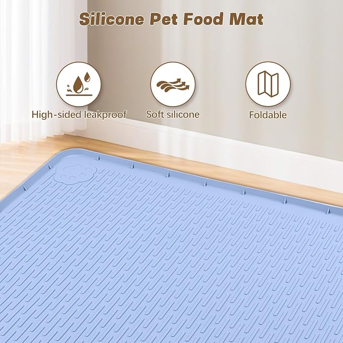Cat Food Mat, 40" x 28" Cat Litter Mat Extra Large Silicone Pet Feeding Mat with Raised Edge Pet Placemat for Food and Water Bowl Non-Slip, Easy to Clean, Floor Protection (Blue)