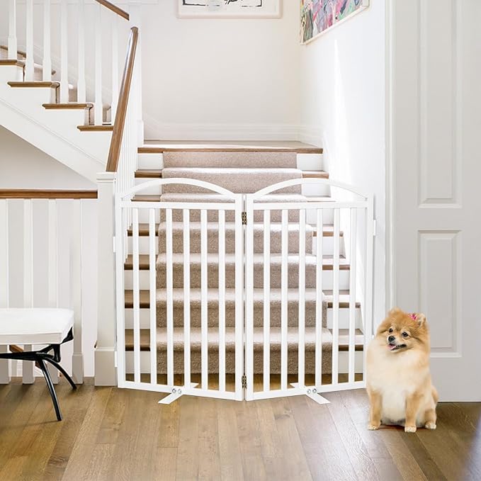 Malier Metal Freestanding Dog Gates with Door, 32'' Height Outdoor Indoor Dog Fences, Extra Wide Foldable Puppy Gate for Stairs (White, 【2 Panels】 40''W × 32''H)
