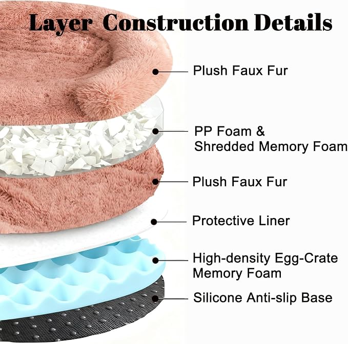 Calming Dog & Cat Beds with Orthopedic Egg-Crate Foam Raised Rim, Soft Fluffy Faux Fur Pet Bed for Small Medium Dogs, Anxiety Relief Spine Support, Machine Washable (Round, Blush Pink 23")