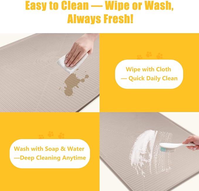 Lorvain 45" x 30" Cat Food Mat, Extra Large Silicone Pet Feeding Mat with Raised Edges, Pet Placemat for Cat Dog Food and Water Bowl Waterproof, Non-Slip, Easy to Clean, Floor Protection, Beige