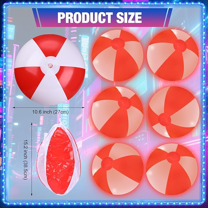 MiniInflat 12 Pcs Light up Beach Balls 16'' Jumbo Pool LED Balls Glow in the Dark Neon Giant Inflatable for Summer Hawaiian Tropical Theme Beach Party Decor Water Accessory (Red)