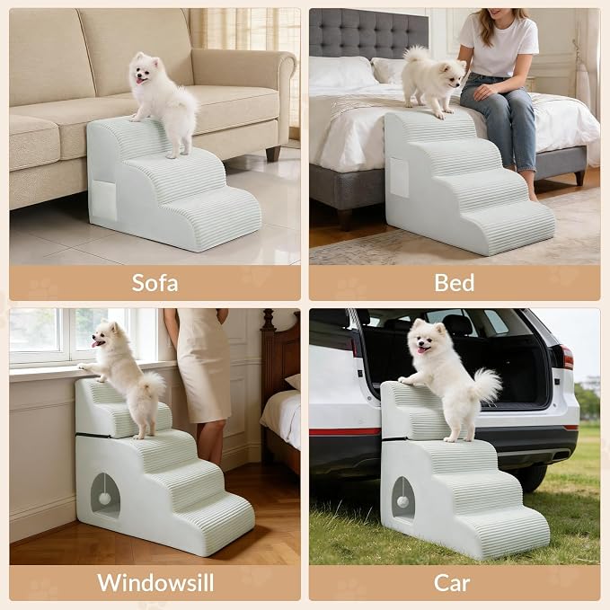 Dog Stairs for Bed Up to 24" H, Extra Height 22.8" 4-Step Pet Steps for Small Dogs and Cats, Non-Slip Sturdy Dog Ramp with Anti-Tip Safety Strap and Washable Cover,Balanced Ramp Indoor Pet Stairs