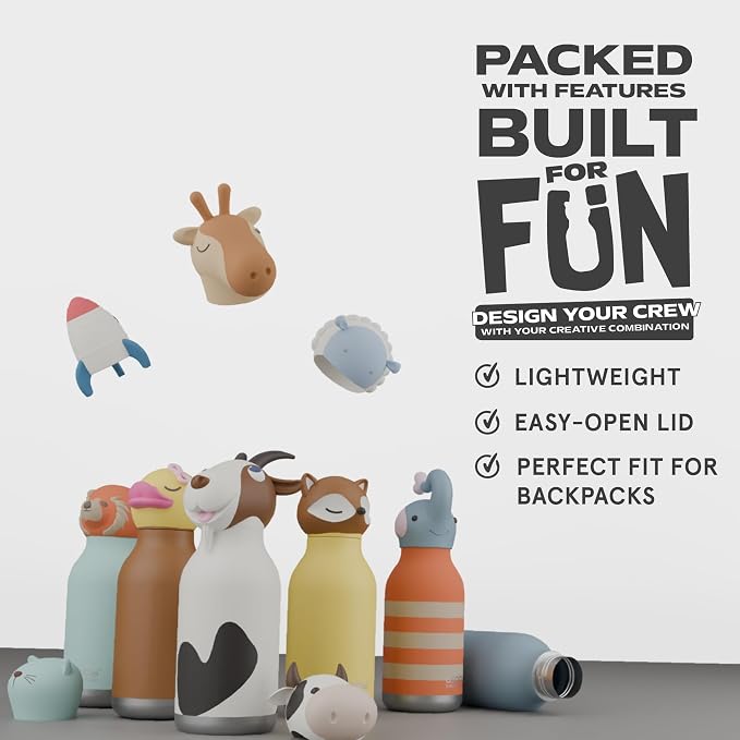 asobu Bestie Bottle Insulated Stainless Steel Water Bottle with Detachable Soft Animal Head Fun Drinking For Kids and Teens with Flexible Reusable Straw 16 Ounce