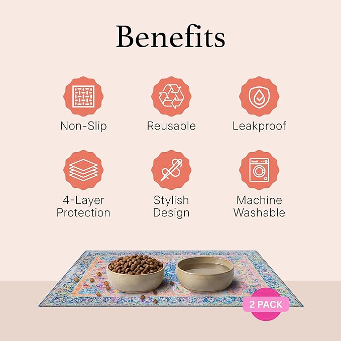 Lovewag Pets Waterproof 2-Pack Pet Feeding Mats - 16" x 24" Premium Cat & Dog Food Mat - Non-Slip, Machine Washable Mat Protects Floors & Contains Water Bowl Spills - Place Mats (Marmalade Sunshine)