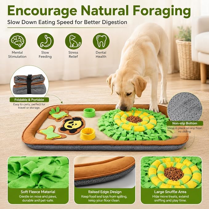 2IN1 Dog Bed Mat&Snuffle Mat for Dogs Large Breed, 28.3''x28.3'' Interactive Puzzle Dog Food Mat, Easy to Clean, Durable, Mental Stimulation & Slow Feeding Game for All Breeds