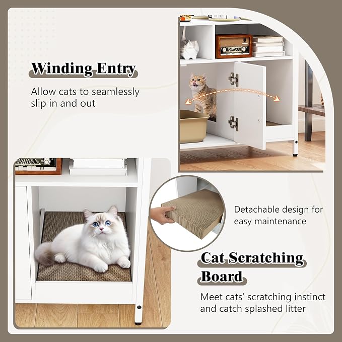 Tangkula Litter Box Enclosure, Enclosed Cat Box Cabinet with 2 Storage Compartment, Metal Frame, Scratching Board, Hidden Cat Washroom, Modern Litter Box Furniture for Indoor Kittens