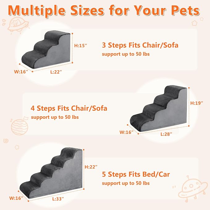 Dog Stairs Ramp, Curved 5-Step Dog Steps for Small Dogs and Cats, Pet Stairs for High Beds and Couch with Anti-Slip Washable Cover and Durable High Density Foam, Dark Grey