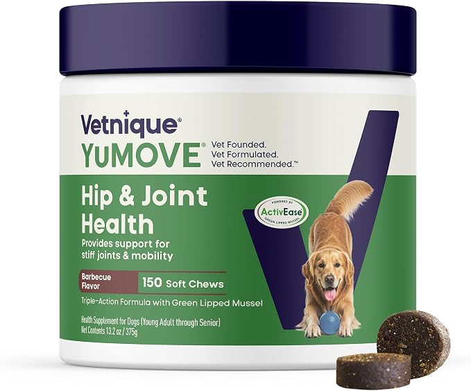 YuMOVE Adult Dog Hip & Joint Soft Chews, ActivEase Green Lipped Mussel, Glucosamine for Dogs, Hyaluronic Acid & Omega 3 - Barbecue Flavor (150ct Chews, Regular Strength)