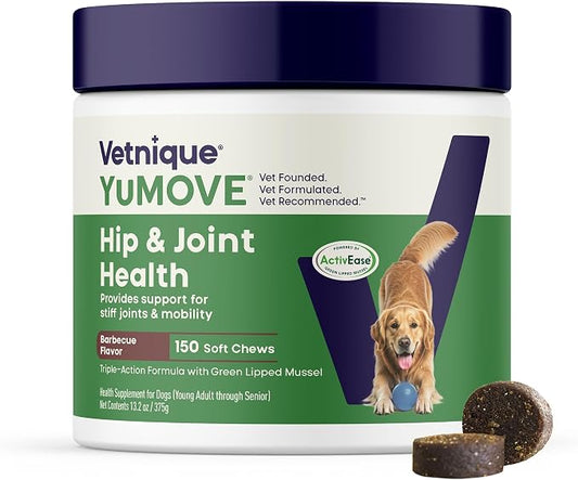 YuMOVE Adult Dog Hip & Joint Soft Chews, ActivEase Green Lipped Mussel, Glucosamine for Dogs, Hyaluronic Acid & Omega 3 - Barbecue Flavor (150ct Chews, Regular Strength)