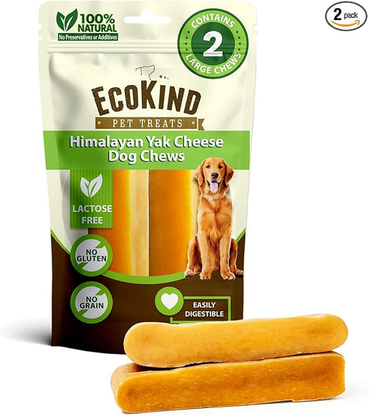 EcoKind Yak Cheese Himalayan Dog Chews, Yak Chews for Large Dogs, Long Lasting Bone for Aggressive Chewers, Only 3 Ingredients, Natural High Protein Treats, No Additives, Lactose Free, Large - 2 Chews