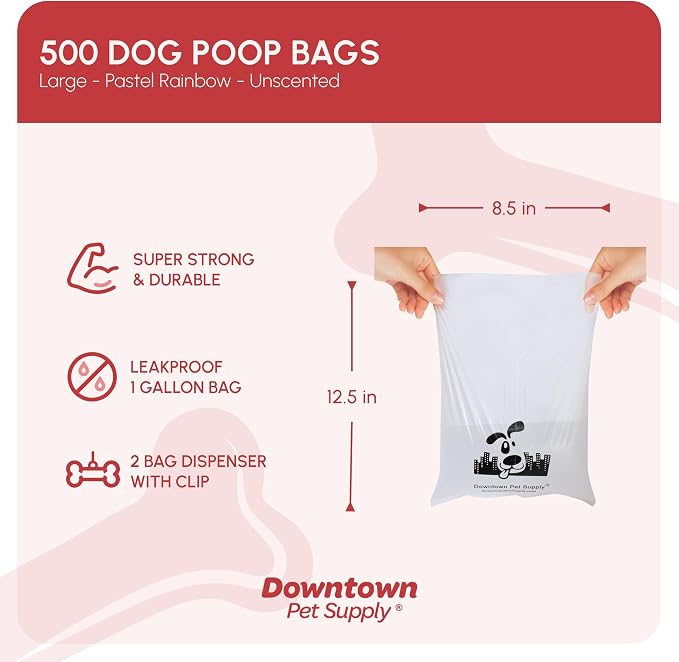 Downtown Pet Supply Unscented Poop Bags for Dogs with Dispenser, 500 Count - Leak-Proof Dog Waste Bags and Bone-Shaped Dog Poop Bags Holder for Leash - Pastel Rainbow, 12.5" x 8.5"