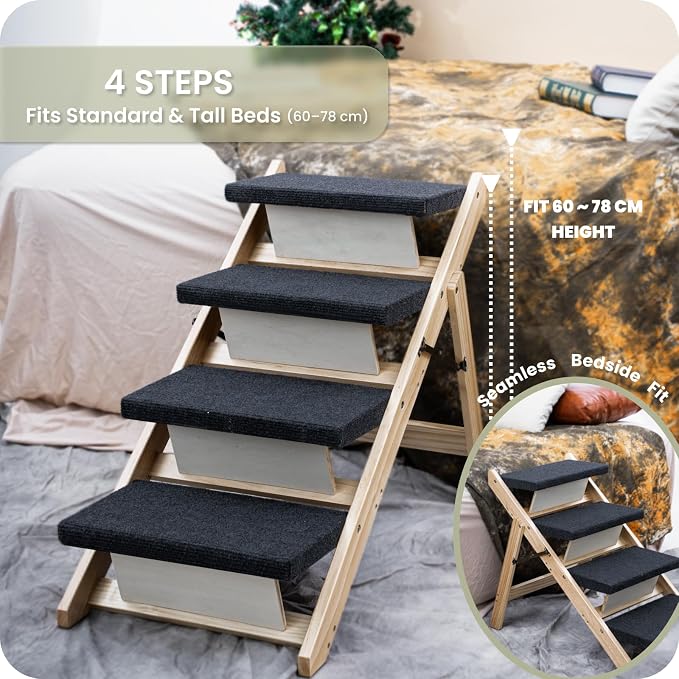 MEWANG Wood Pet Stairs & Ramp for Small/Medium Dogs and Cats, Aging Pets – 2-in-1 Foldable, Portable, Non-Slip Pet Ladder for Tall Beds, Couches,Cars–Holds Up to 220 lbs (17.3" L x 17.2" W x 13.0" H)