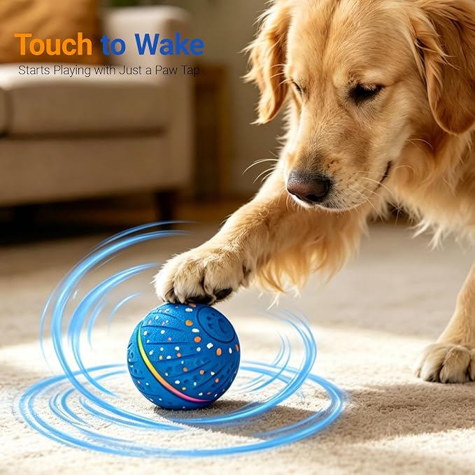 Interactive Dog Ball Toy for Small Medium Dogs – Automatic Rolling, Bouncing & Moving Dog Toy with LED Lights, 2-in-1 Fetch Toy, Durable E-TPU, USB Rechargeable (2.8” Blue)