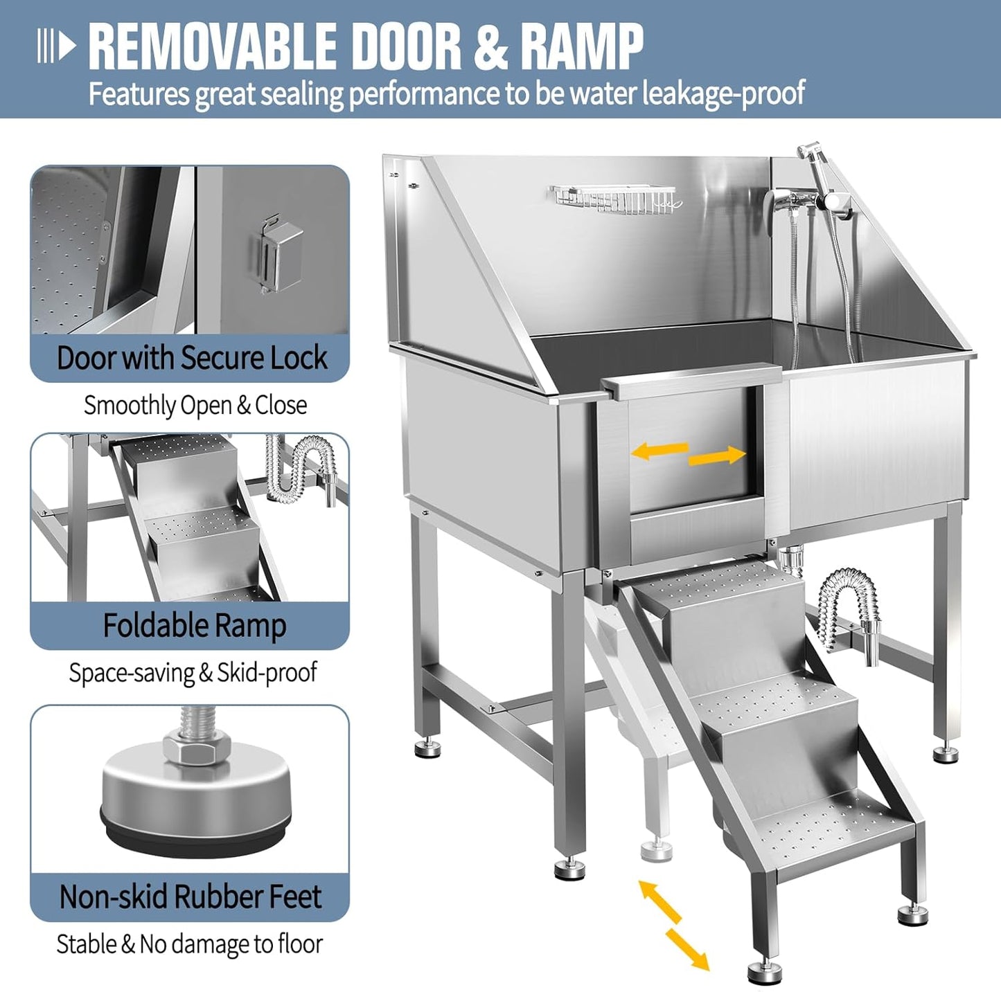 38" Pet Dog Bathing Station W/Stairs, Professional Stainless Steel Dog Grooming Tub W/Soap Box, Faucet,Rich Accessory, Dog Bathtub for Large,Medium,Small Pets, Washing Sink for Home,L-RAMP