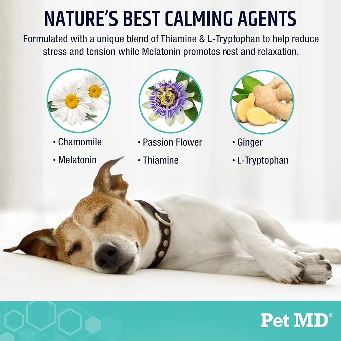 Pet MD Calming Chews for Dogs – Supports Relaxation & Calm Behavior – with Melatonin, Ginger & Chamomile – for Stressful Situations Like Travel, Thunder & Vet Visits – 60 Ct