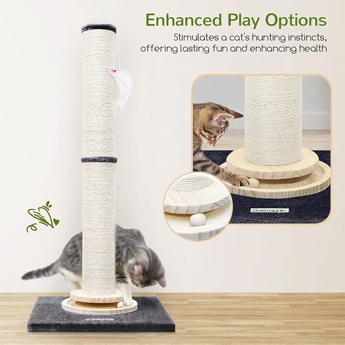 Globlazer Extra Thick Large Scratching Post for Indoor Cats Adults and Kittens, 35in Tall Natural Sisal Rope Scratcher Post, Large Cat Scratcher with Ball Interactive Toy, SC35, Dark Grey