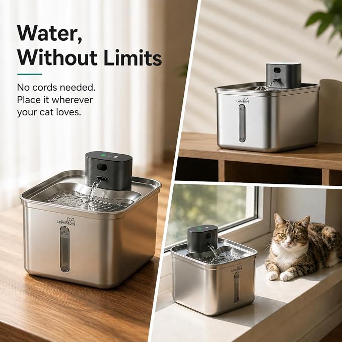 Wireless Cat Water Fountain Stainless Steel: 123oz/3.5L Automatic Water Dispenser for Kittens - 5000mAh Battery Operated Pet Fountain with 3 Replacement Filters & Motion Sensor