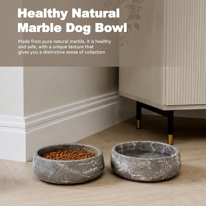 Karibiber Marble Dog Bowl, 5lbs Weighted Dog Food Bowl, Non-Slip Large Heavy Water Bowls, Grey Stone Food and Water Dish for Medium Dogs, Natural Marble, Easy to Clean, Holds 4 Cups