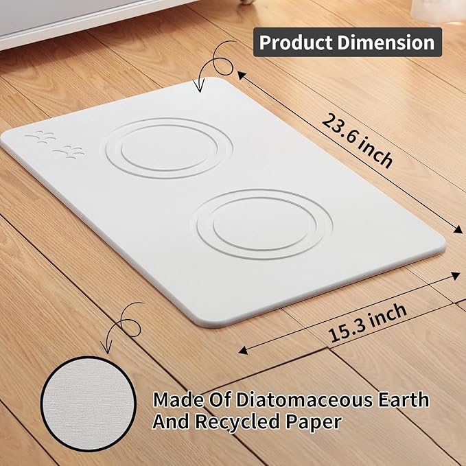 Diatomite Stone Pet Feeding Mat for Dog Cat Super Absorbent Diatomite Quick Drying Stone Dog Food Mat, Dog Mats for Food and Water with Non-Slip Station, Fast Dry Pet Mats,Grey White