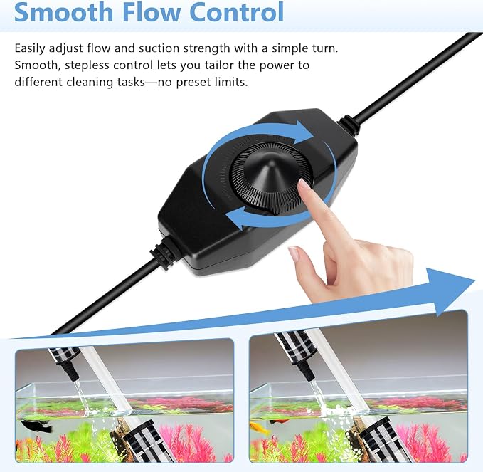 AQQA Upgraded DC 18W Electric Aquarium Vacuum Gravel Cleaner, Anti-Clog Pre-Filter Design, 7-in-1 Multifunctional Fish Tank Cleaning Kit for Dirt Removal, Water Change, Sand Washing, Turtle Shower