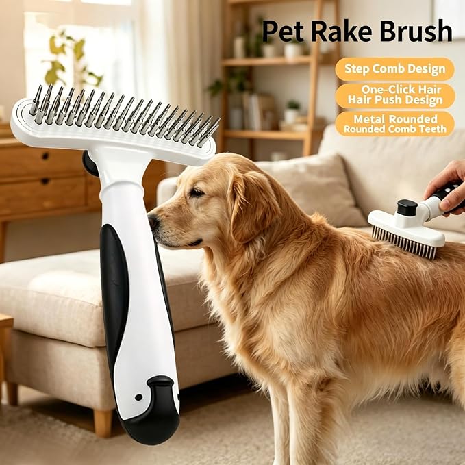 Professional pet grooming dematting rake for long coat dogs and cats, removes knots, tangled fur & loose shedding hair of large breeds like Golden Retriever, Husky, German Shepherd. (white)