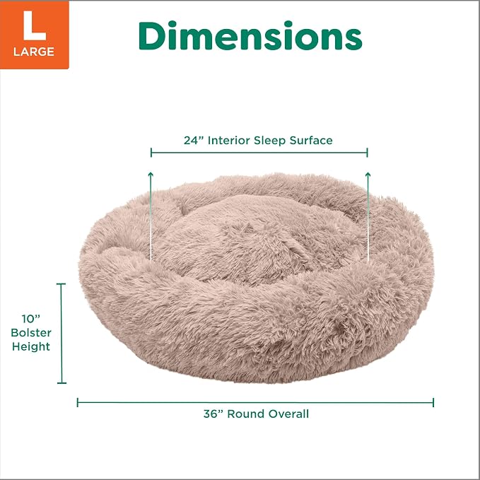Furhaven 36" Round Calming Donut Dog Bed for Large/Medium Dogs, Refillable w/ Removable Washable Cover, For Dogs Up to 75 lbs - Shaggy Plush Long Faux Fur Donut Bed - Taupe, Large