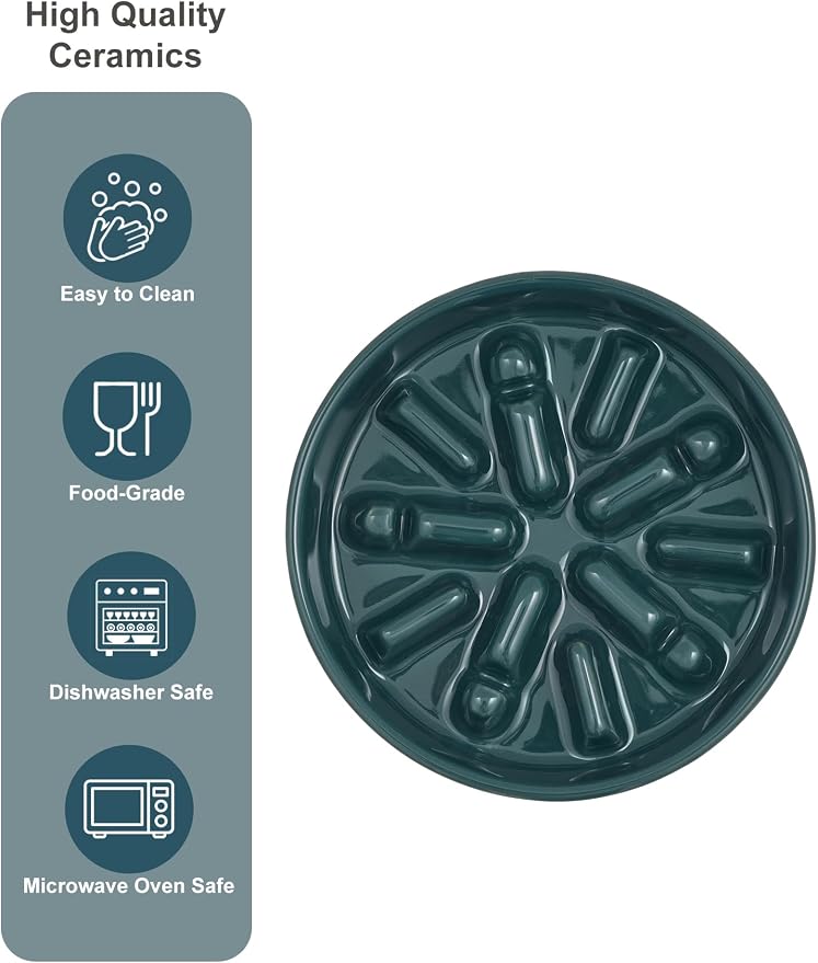 Ceramic Slow Feeder Dog Bowl, Maze Puzzle Non-Slip Silicone Base Stoneware Bowl for Small Medium Dogs, Heavy Duty Anti-Bloat Dog Food Bowl Dishwasher Safe – Blue, Medium